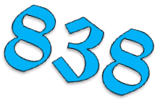 Het getal 838 in blauwe, gotische cijfers
