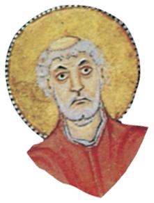 Fresco van een heilige man met een gouden aureool. De bovenkant van zijn hoofd is kaal, hij heeft grijs haar, een baard en een rood gewaad