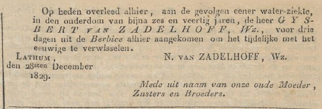 overlijdensadvertentie Arnhemsche Courant 31 december 1829