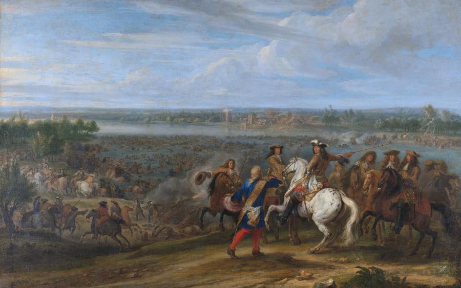 Schilderij van de oversteek van de Rijn door Lodewijk XIV
