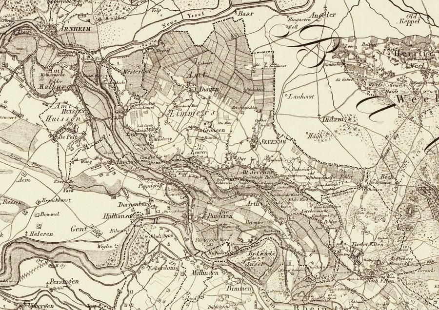 Oude kaart van de Kleefse enclaves in 1805